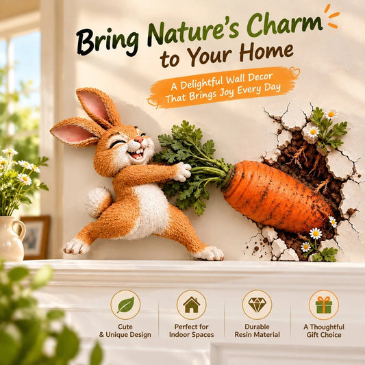 🐰🥕 Funny Bunny Pulling Carrot Wall Decor — Wall-Breakthrough Wooden Spring & Easter Decoration