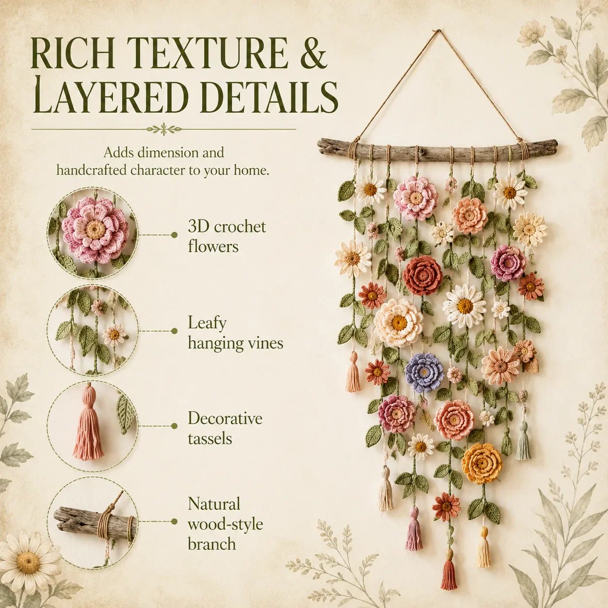 🌸Boho Crochet Flower Wall Hanging Decor✨