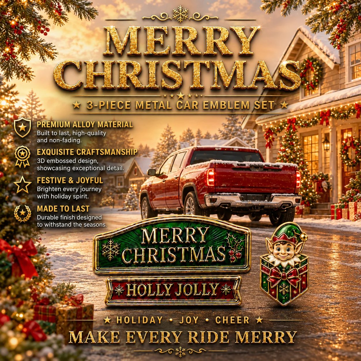 🔥 50K+ SOLD – 🎄Christmas Metal Car Emblem Set – Waterproof, 3D Alloy & Easy Stick! 🎅🚗✨