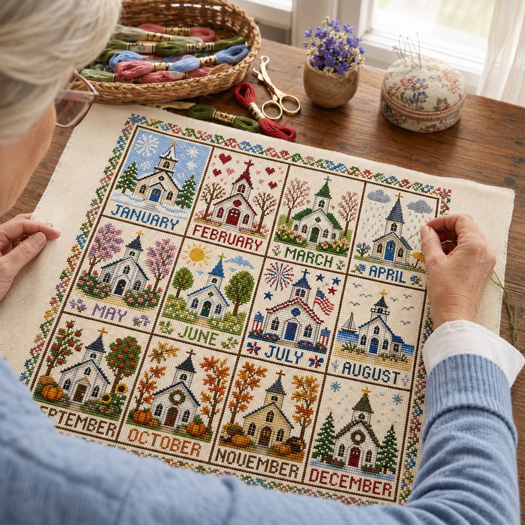 🌾🧵 12-Month Seasons & Holidays Cross Stitch Kit — pre‑printed fabric, so you can stitch without the counting