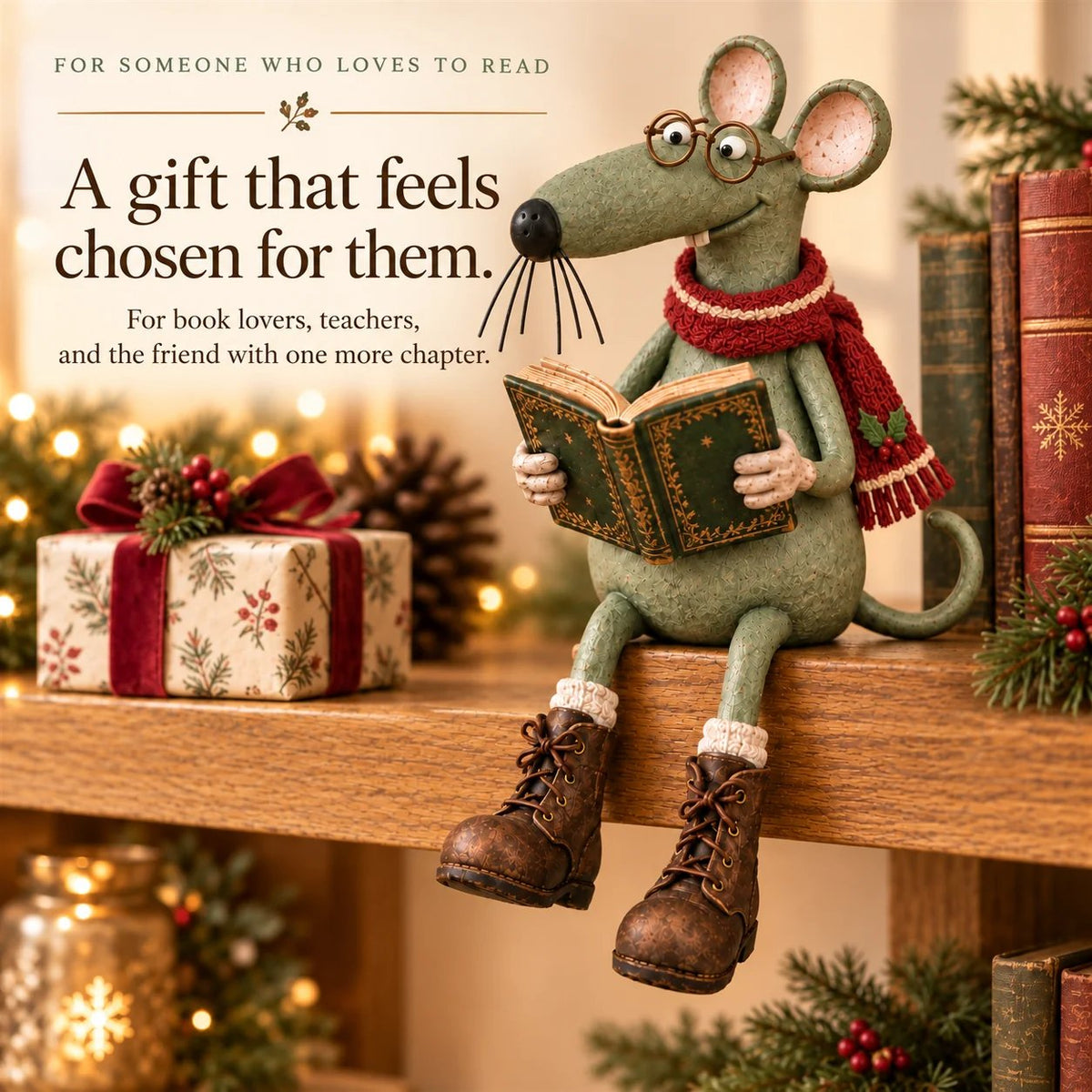 🐭📚 Whimsical Reading Mouse Shelf Sitter – a little reader for your bookshelf
