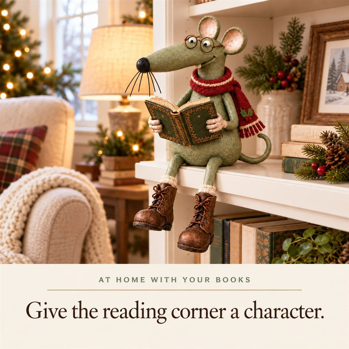 🐭📚 Whimsical Reading Mouse Shelf Sitter – a little reader for your bookshelf