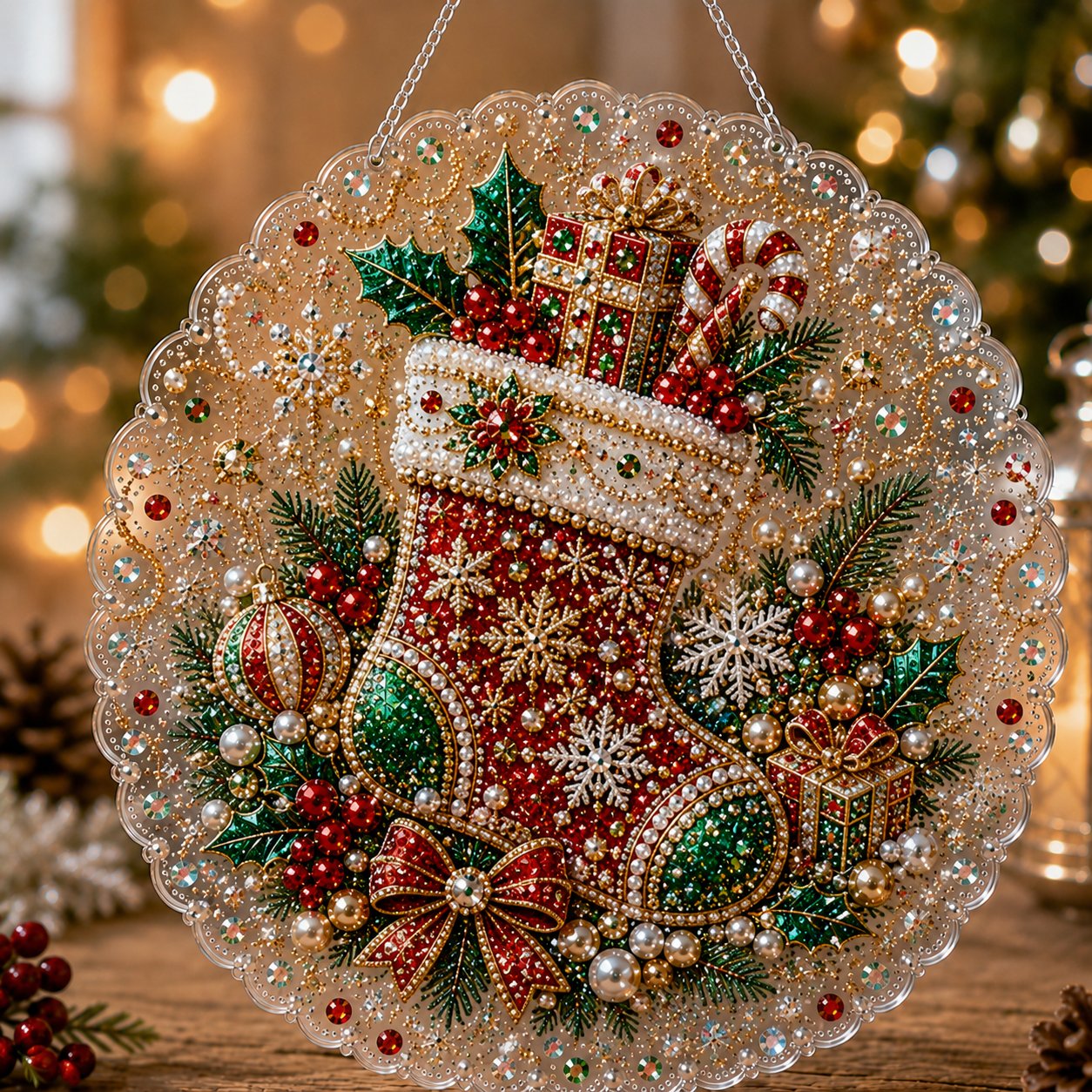 🎄 Christmas Pearl Diamond Art Acrylic Hanging Plaque Kit | Scratch-Resistant Non-Fading Board with Pearl Beads | DIY Handmade Holiday Decor 🎅💎
