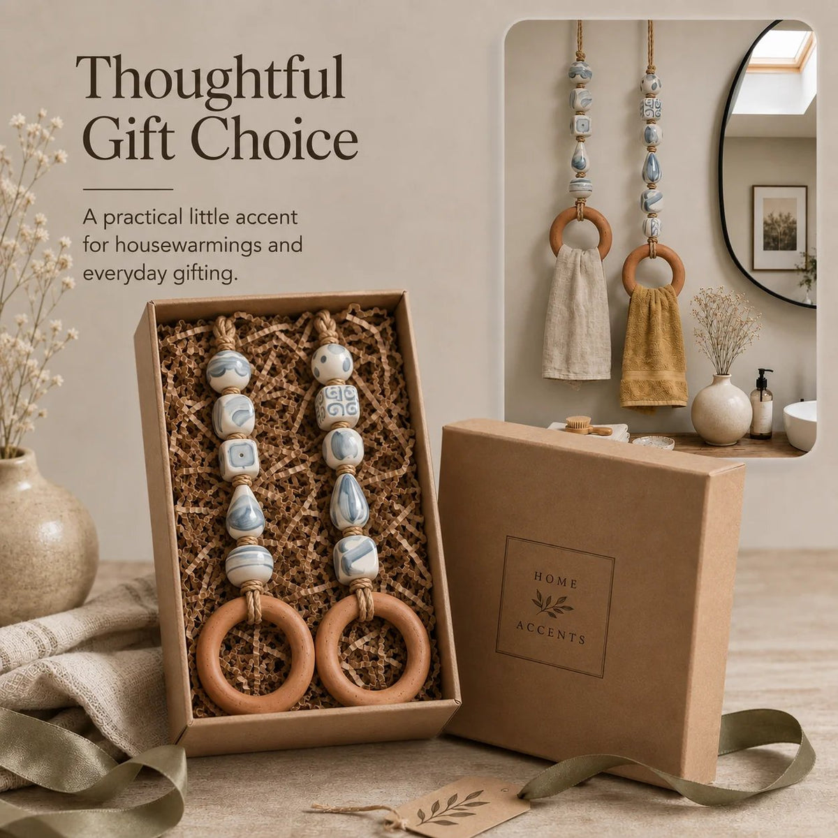 🧺🌿Decorative Beaded Towel Hanger with Wooden Ring