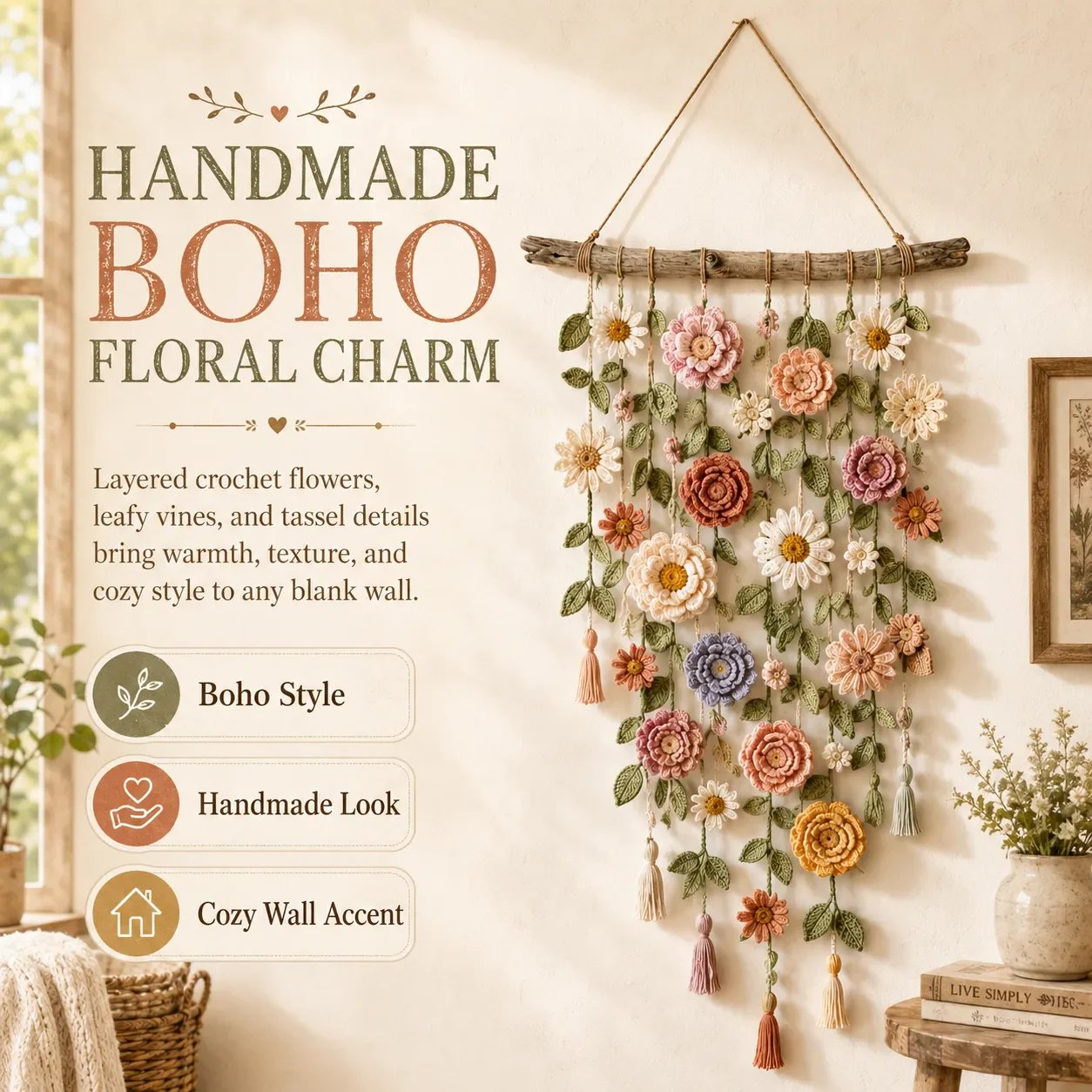 🌸Boho Crochet Flower Wall Hanging Decor✨