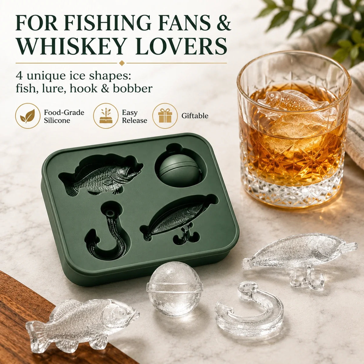 🎣🧊 Fishing-Themed Ice Mould – 4 Shapes (Fish, Bait, Hook & Float)