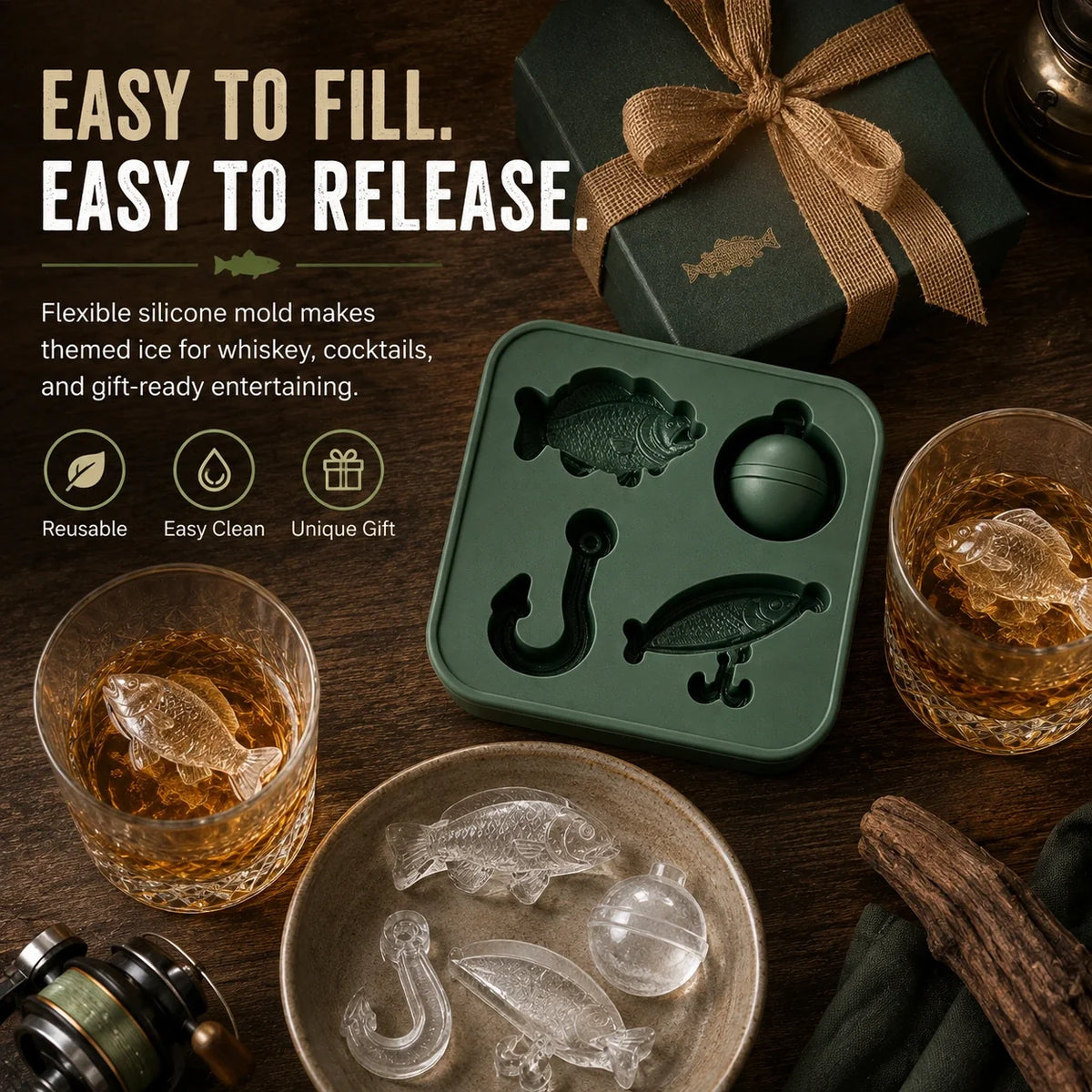 🎣🧊 Fishing-Themed Ice Mould – 4 Shapes (Fish, Bait, Hook & Float)