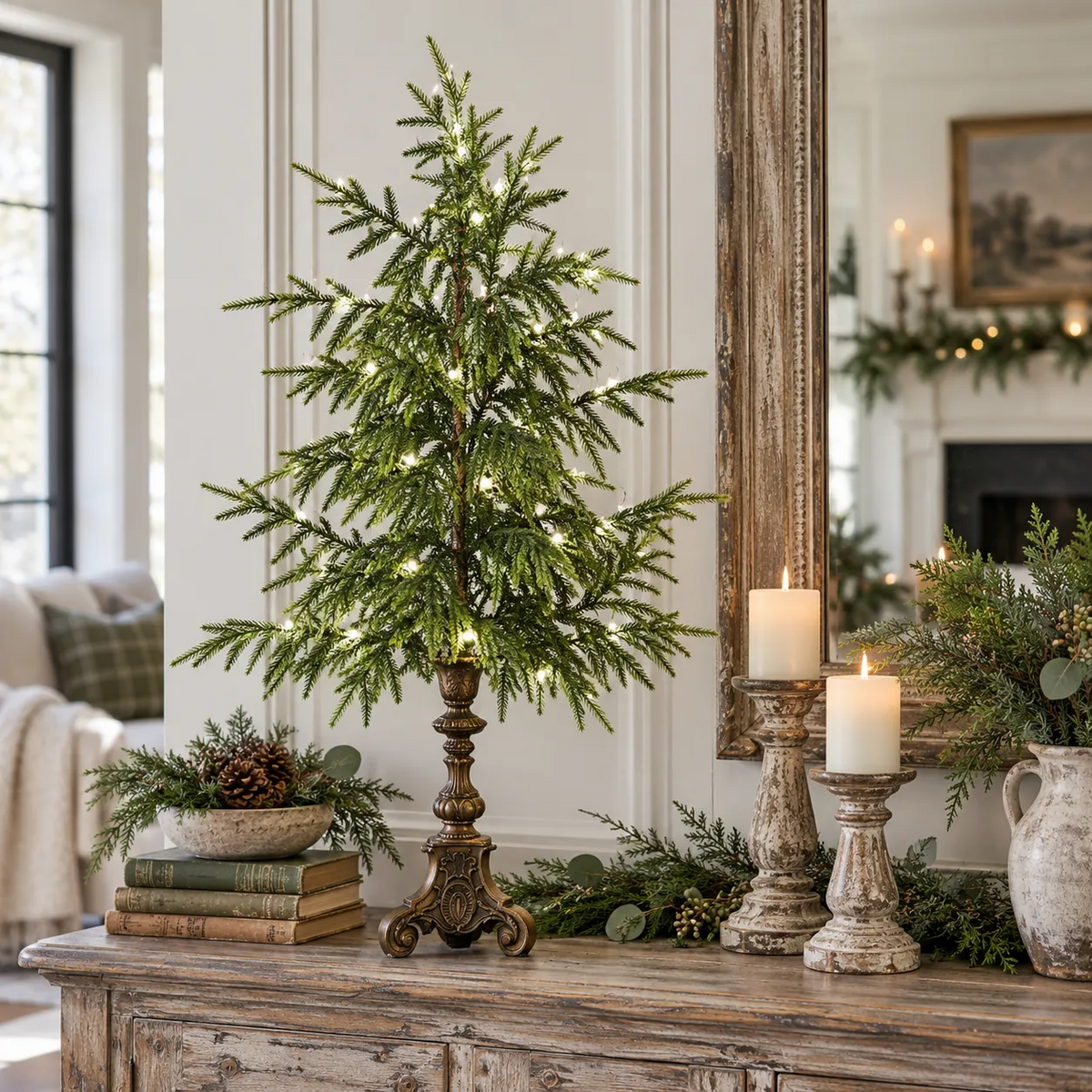 🎄Vintage Lighted Norfolk Pine Trees--Warm LED Glow, Timeless Christmas Table Decor🎁