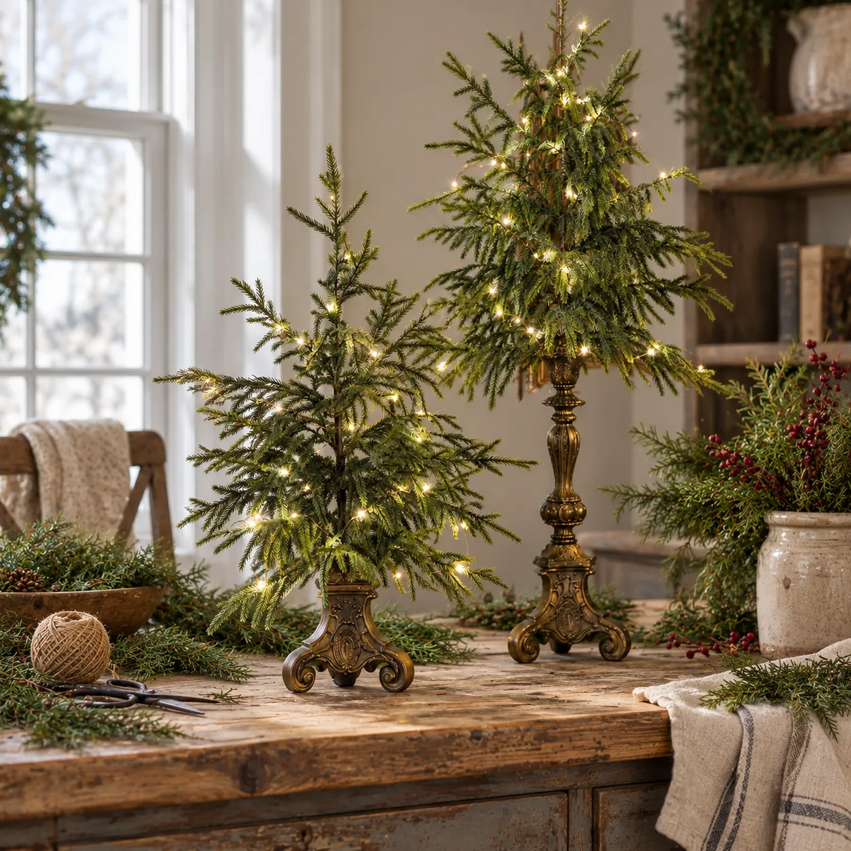 🎄Vintage Lighted Norfolk Pine Trees--Warm LED Glow, Timeless Christmas Table Decor🎁
