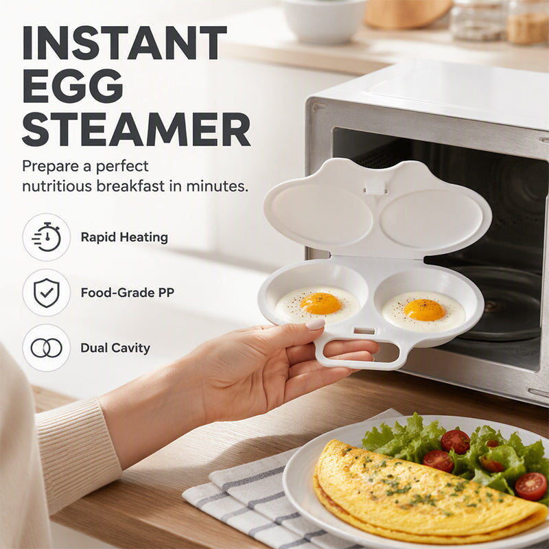 🍳 Microwave Dual-Cavity Egg Poacher with Lid & Handle — Food-Grade Speed Egg Steamer