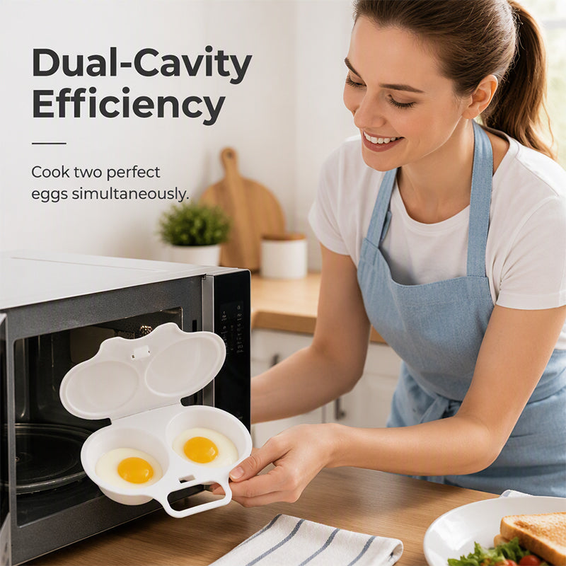 🍳 Microwave Dual-Cavity Egg Poacher with Lid & Handle — Food-Grade Speed Egg Steamer